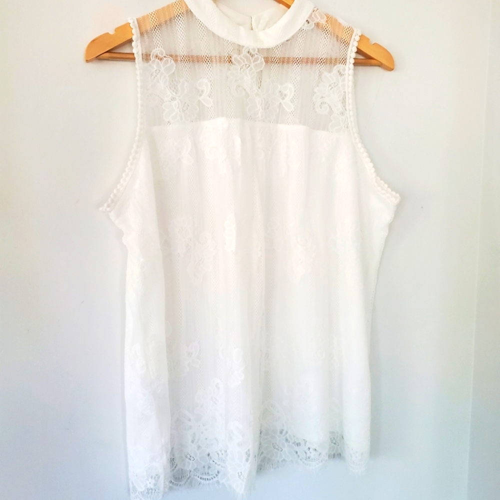 EVE & MADDIE XL White Lace Overlay Halter High Neck Sheer Top Crochet Romantic - Picture 2 of 13
